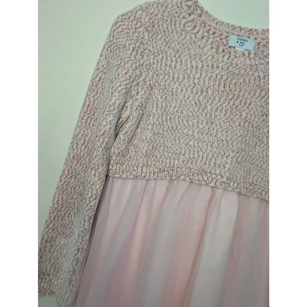 Crown & Ivy Girls Dresses, Pink Chenille Long Sleeve Tulle Dress, Sz L